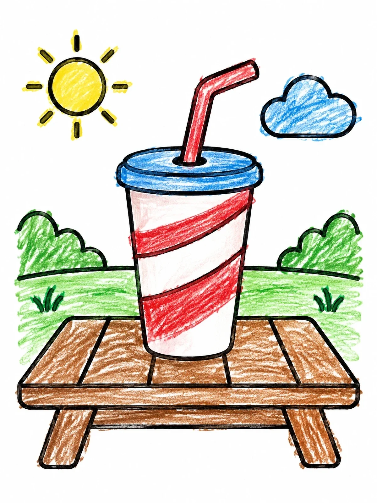 Colored example of the Soda Cup On Picnic Table coloring page