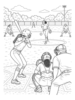 A realistic softball coloring page showing a batter facing a pitch with the catcher and umpire behind home plate.