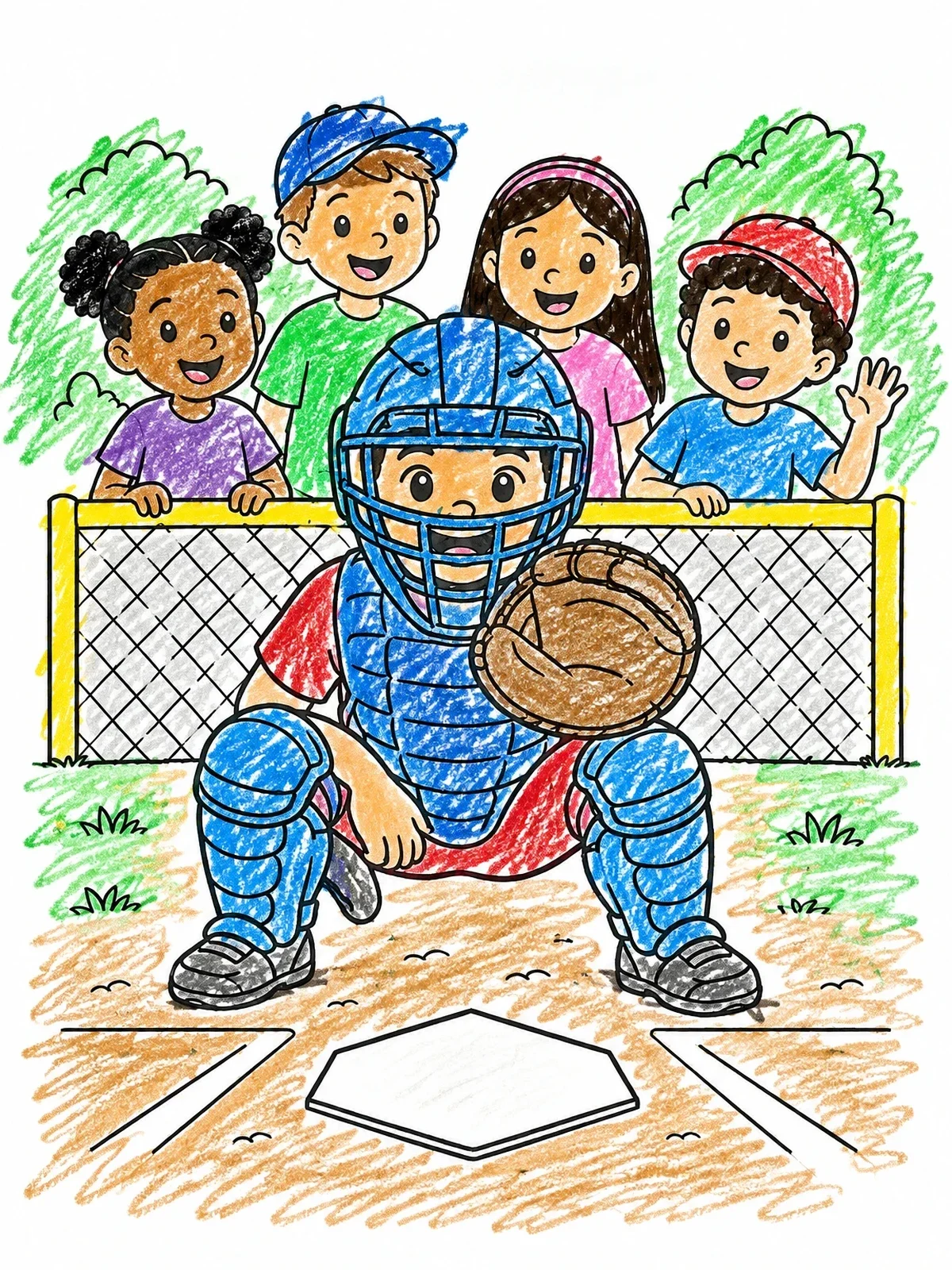 Colored example of the Softball Catcher With Cheering Friends coloring page