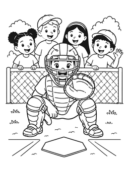 Free printable Softball Catcher With Cheering Friends coloring page