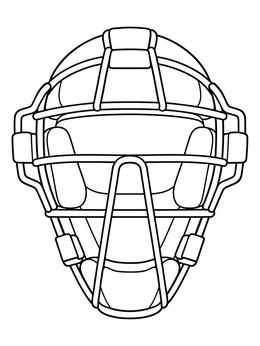 A detailed softball coloring page featuring a catcher face mask with wire bars and padding.