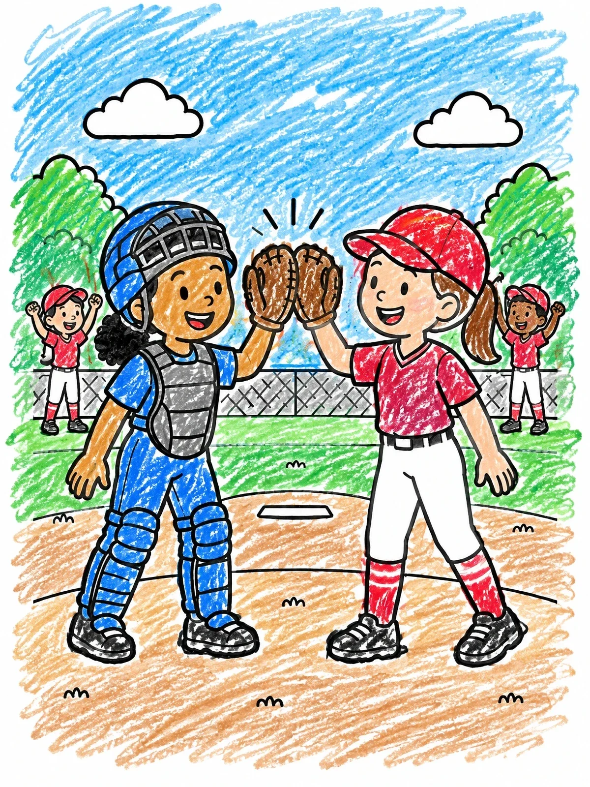 Colored example of the Softball Catcher And Pitcher High Five coloring page