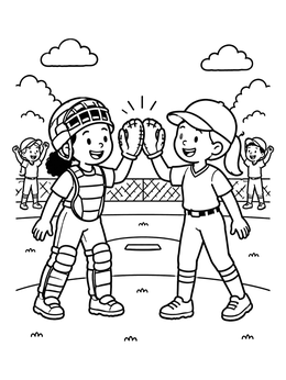 A cheerful softball coloring page showing a catcher and pitcher celebrating with a glove tap.