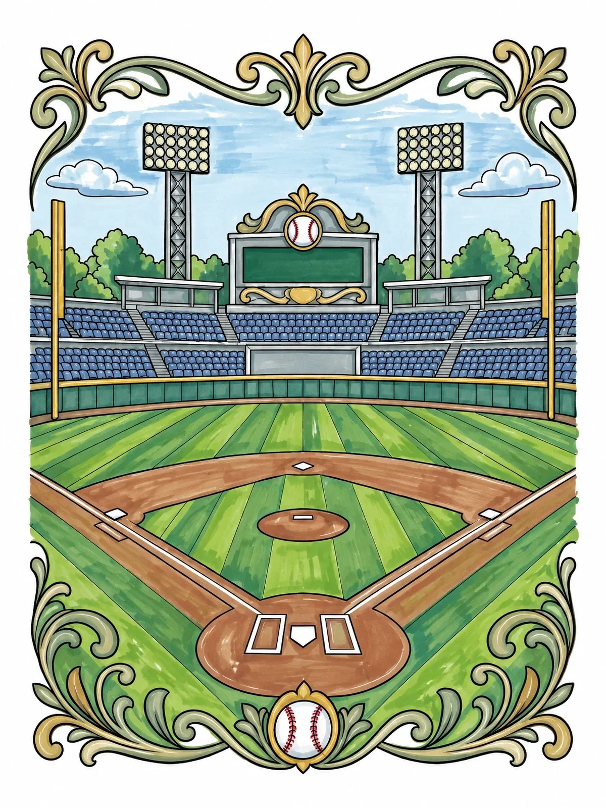 Colored example of the Empty Stadium Field Behind Home Plate coloring page