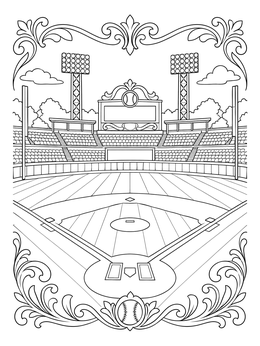 An empty stadium viewed from home plate in this detailed softball coloring page.
