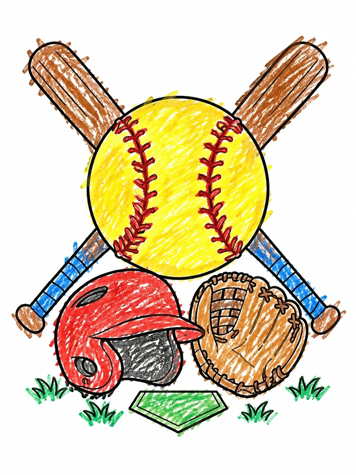 Colored example of the Softball Equipment And Crossed Bats coloring page
