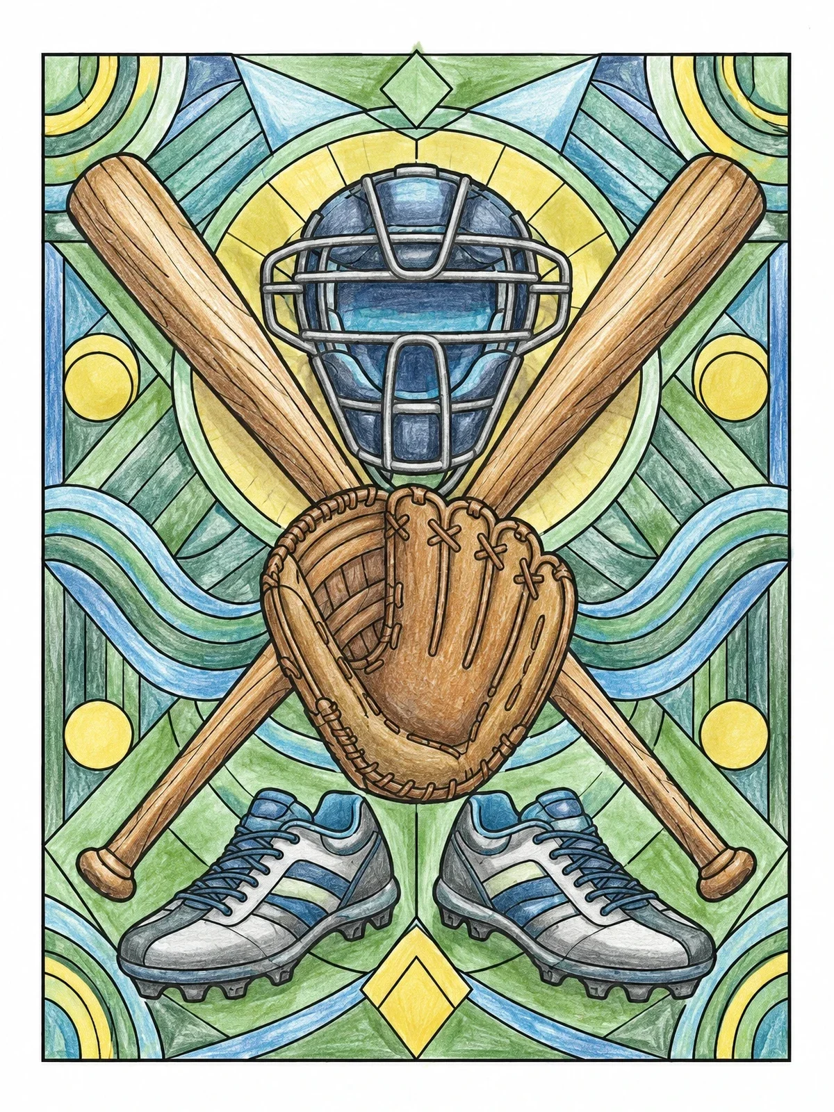 Colored example of the Softball Equipment Geometric Collage coloring page