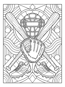 Geometric softball coloring page featuring crossed bats, a glove, catcher mask, and cleats.