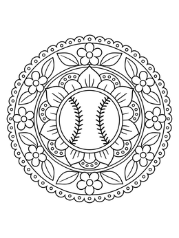 A decorative floral mandala with a ball in this softball coloring page.