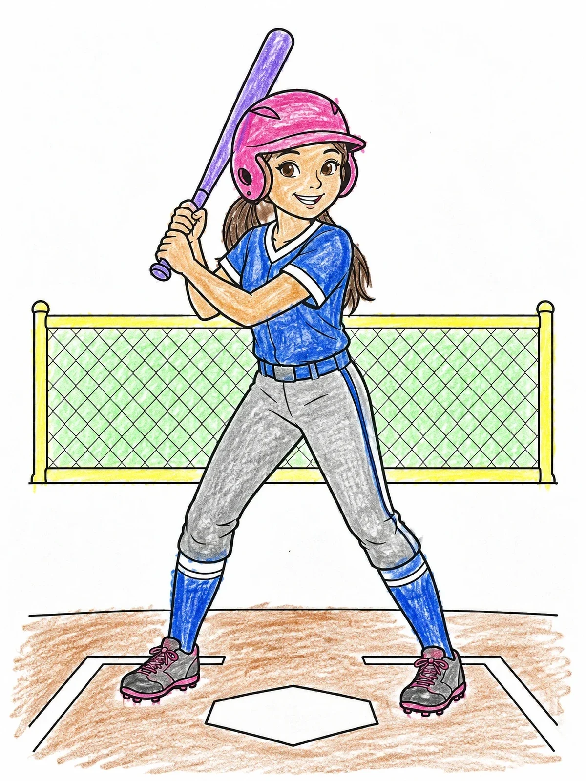 Colored example of the Softball Batter Ready At Home Plate coloring page