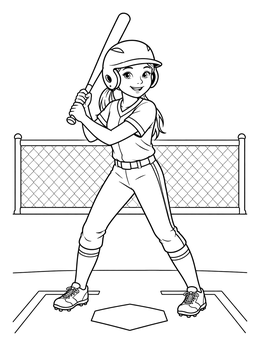 A smiling girl batter waits in the batter's box in this softball coloring page.