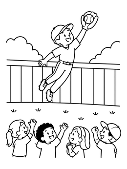 A young outfielder leaping at the fence on this fun softball coloring page.