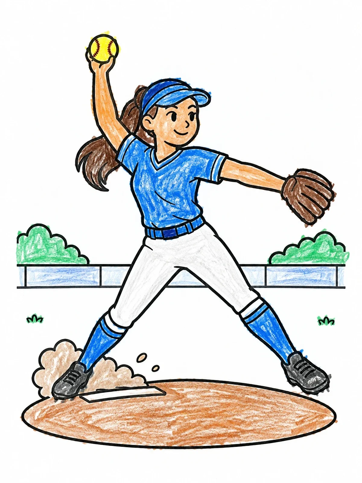 Colored example of the Softball Pitcher On The Mound coloring page