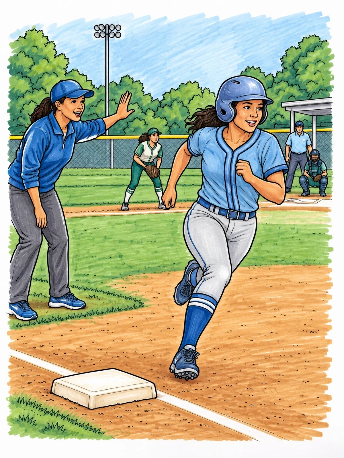 Colored example of the Softball Runner Rounding Third Base coloring page
