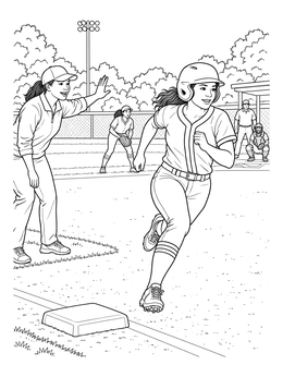 A runner charges home on this softball coloring page as her coach signals.