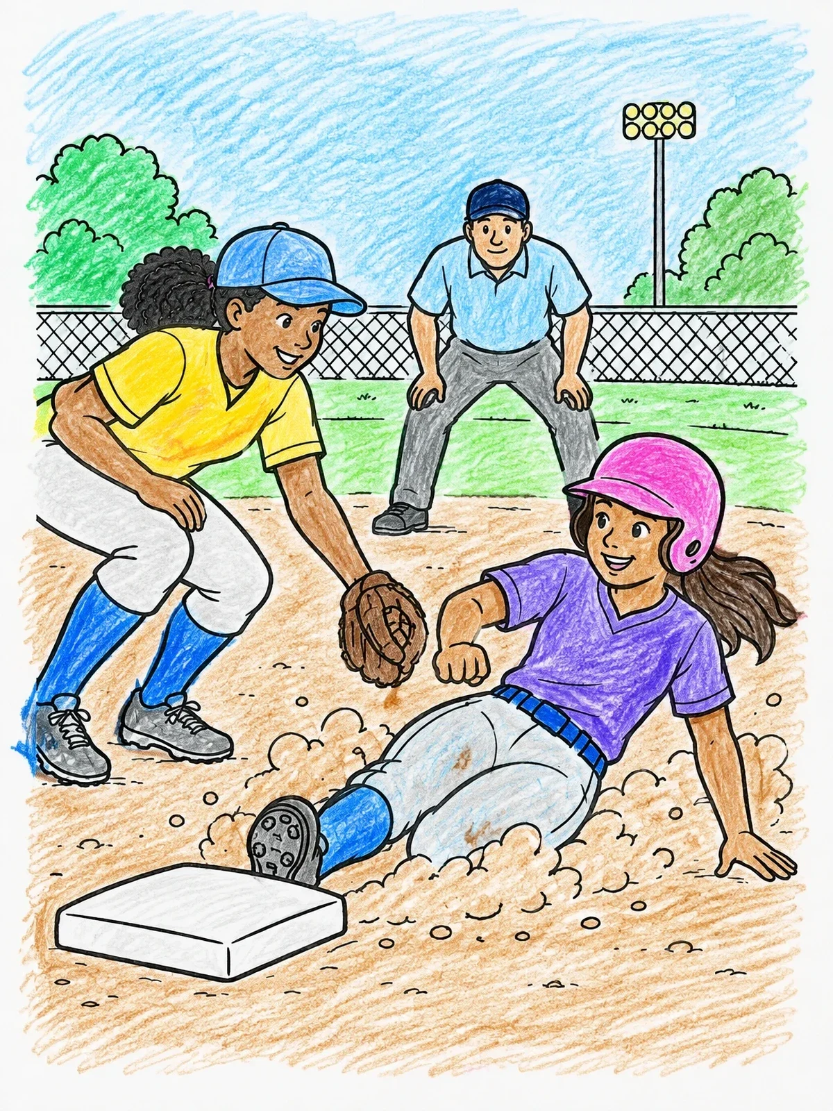 Colored example of the Softball Runner Sliding Into Base coloring page