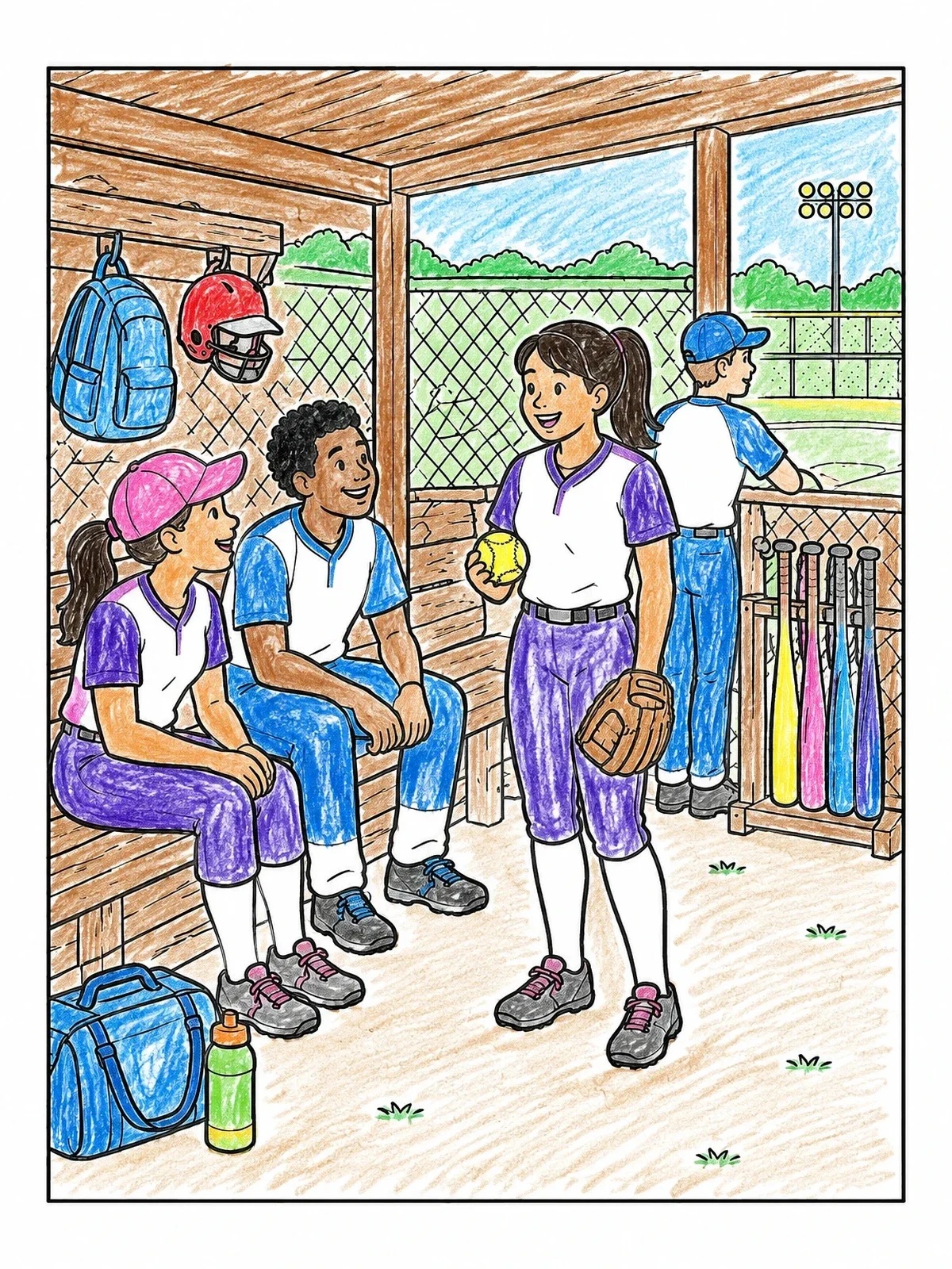 Colored example of the Softball Team Inside The Dugout coloring page