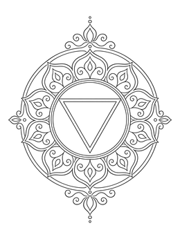 An intricate solar plexus chakra coloring page with a downward triangle and ornamental lotus petals.