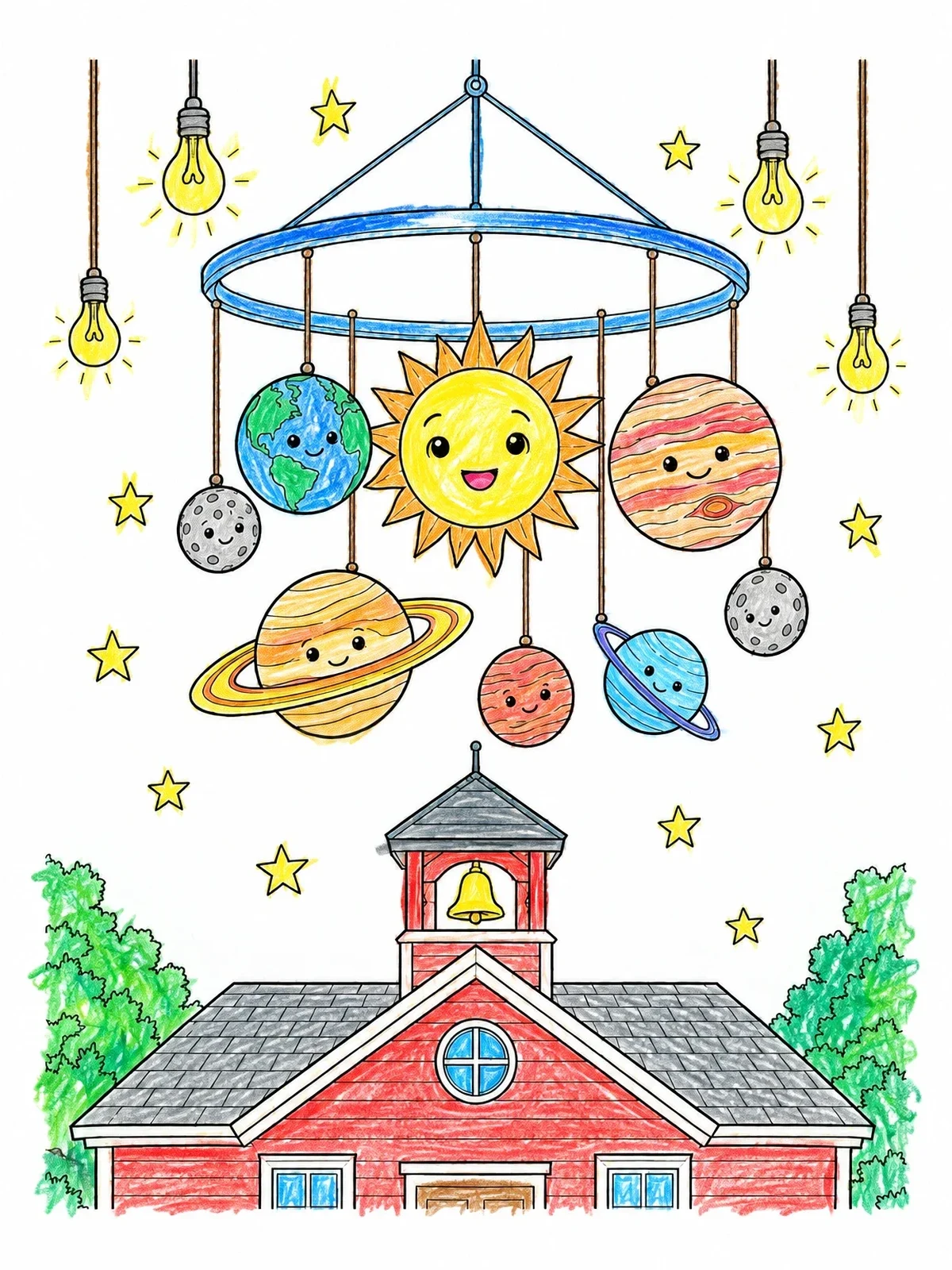 Colored example of the Solar System Mobile Over Schoolhouse coloring page
