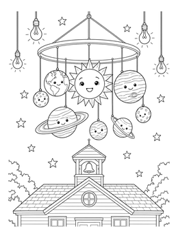 Free printable Solar System Mobile Over Schoolhouse coloring page