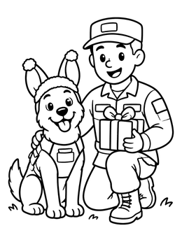 Free printable Soldier And Pup With Holiday Gift coloring page