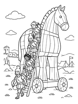 Free printable Soldiers Emerging From Trojan Horse coloring page