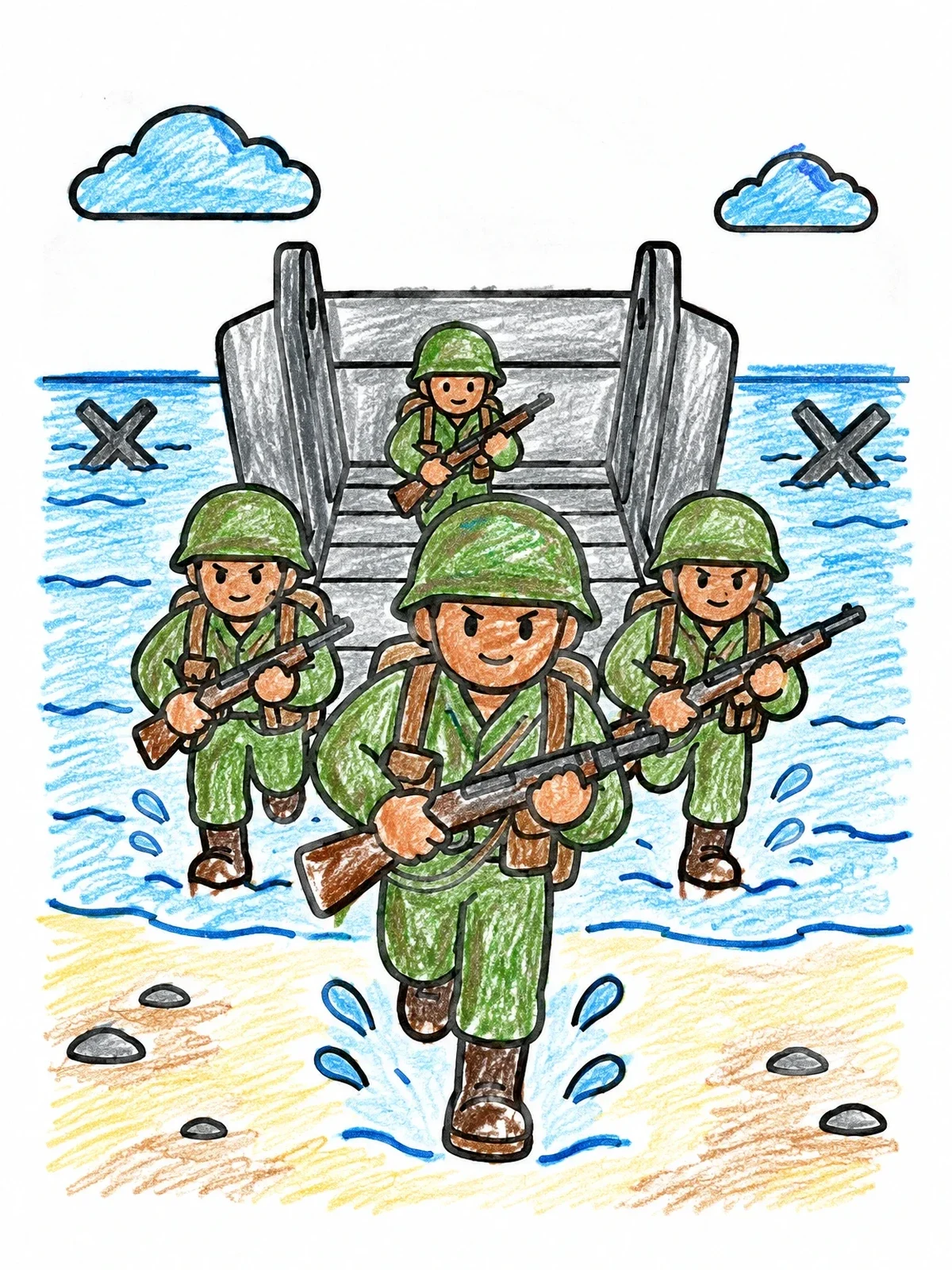 Colored example of the Soldiers Landing On Normandy Beach coloring page