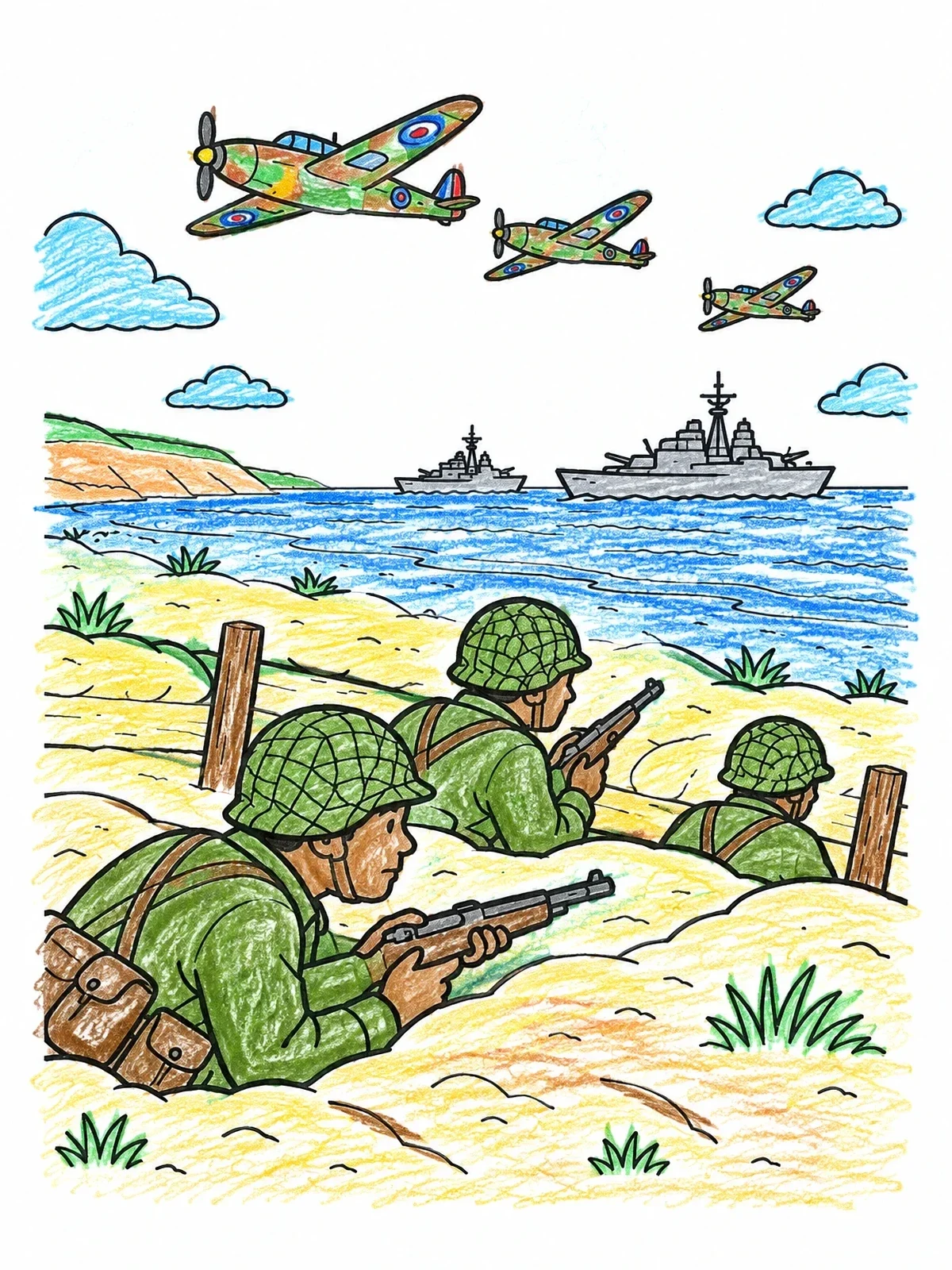 Colored example of the Soldiers On The Normandy Shore coloring page