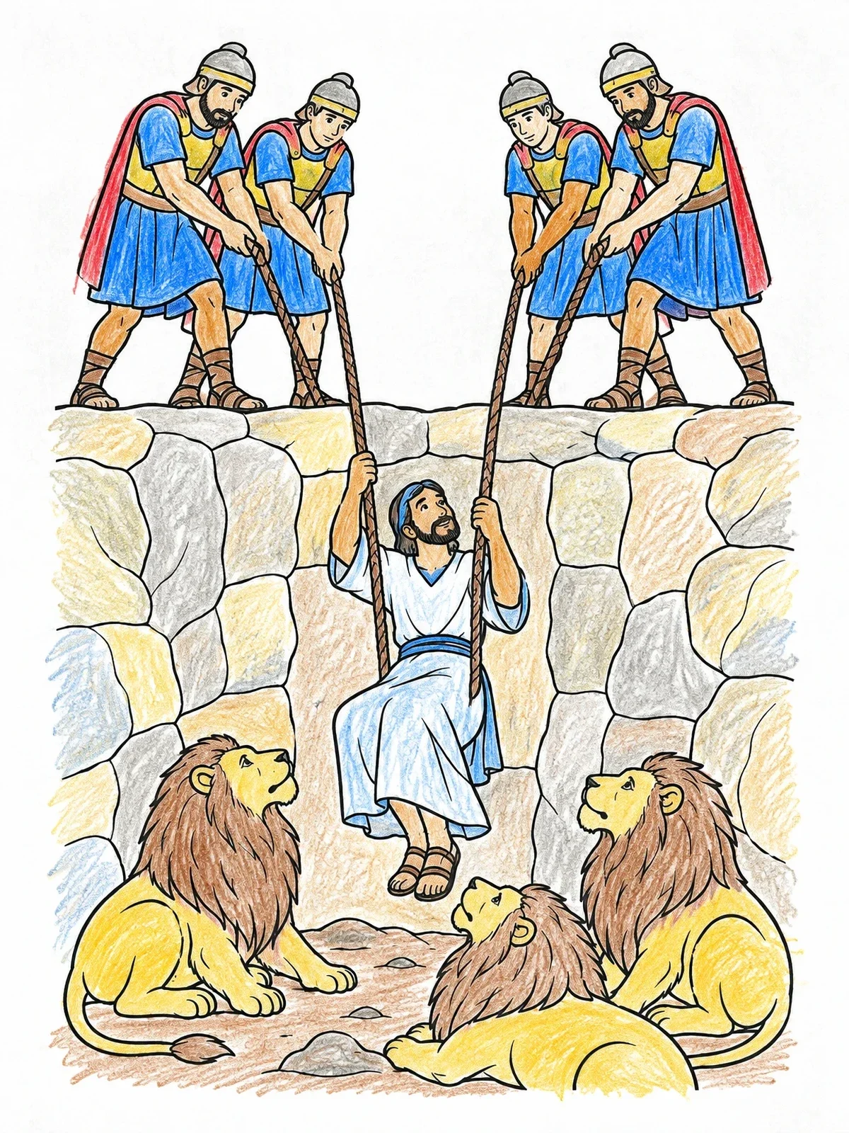 Colored example of the Soldiers Rescuing Daniel From Lions Den coloring page