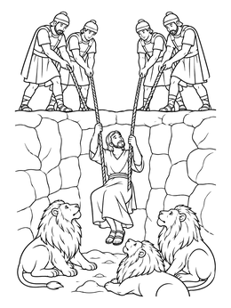 A daniel in the lions den coloring page showing soldiers pulling Daniel safely out on ropes.