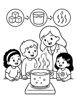 A fun solid liquid gas coloring page with children and their teacher observing steam from a pot.