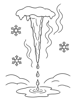 A melting icicle illustrates a solid liquid gas coloring page with water droplets and vapor.