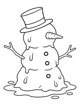 A melting snowman in a solid liquid gas coloring page with dripping snow and a puddle.