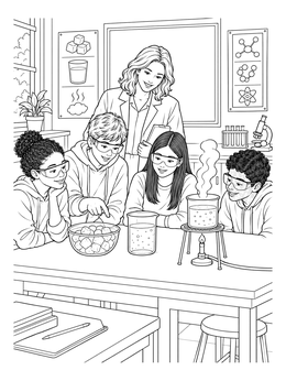 Students explore solids, liquids, and gases in this solid liquid gas coloring page set in a laboratory.