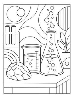 A science beaker, bubbling flask, and rock in this solid liquid gas coloring page.