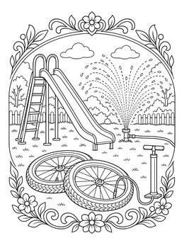 A playground with a slide, sprinkler, and tires in this solid liquid gas coloring page.