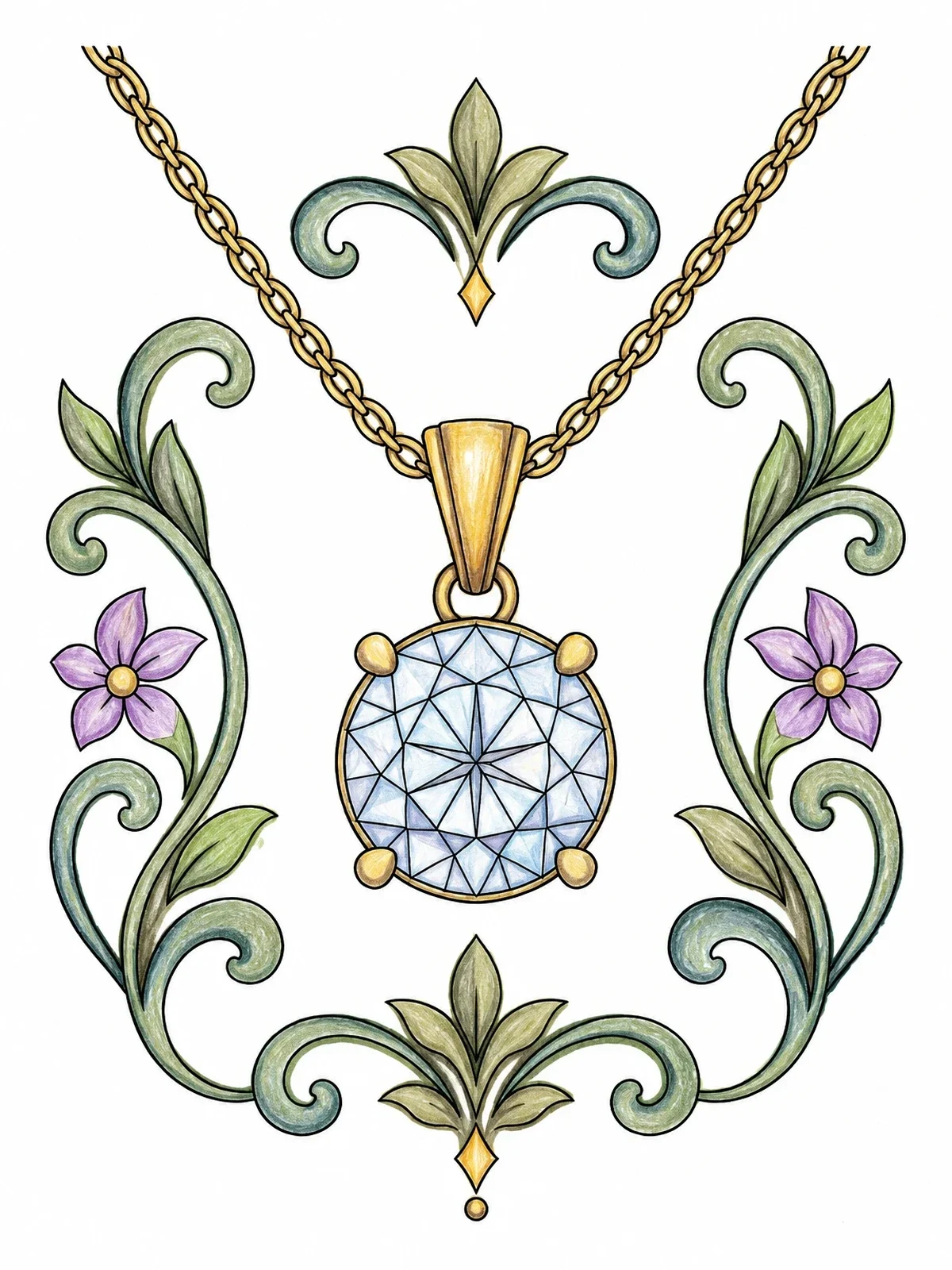 Colored example of the Solitaire Diamond Pendant Necklace coloring page