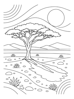An acacia tree casts a long shadow in this desert coloring page.