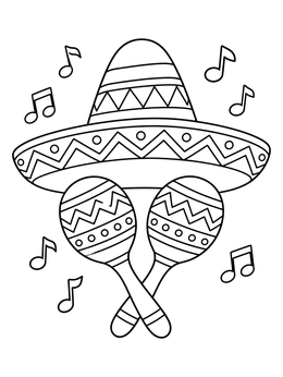 A festive fiesta coloring page featuring a patterned sombrero, crossed maracas, and musical notes.