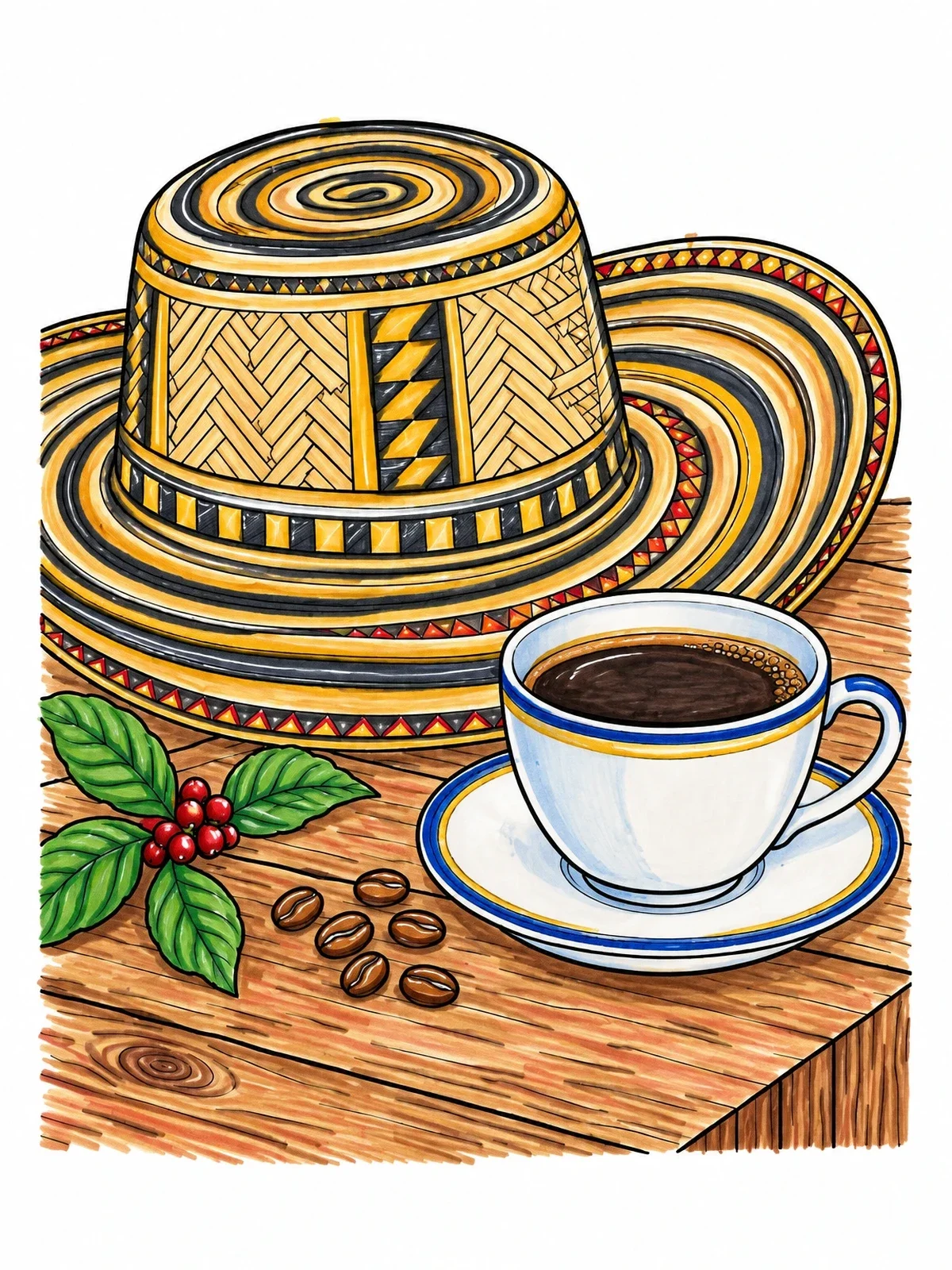 Colored example of the Sombrero Vueltiao And Colombian Coffee coloring page