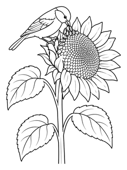 A small songbird eats seeds on this sunflower coloring page.