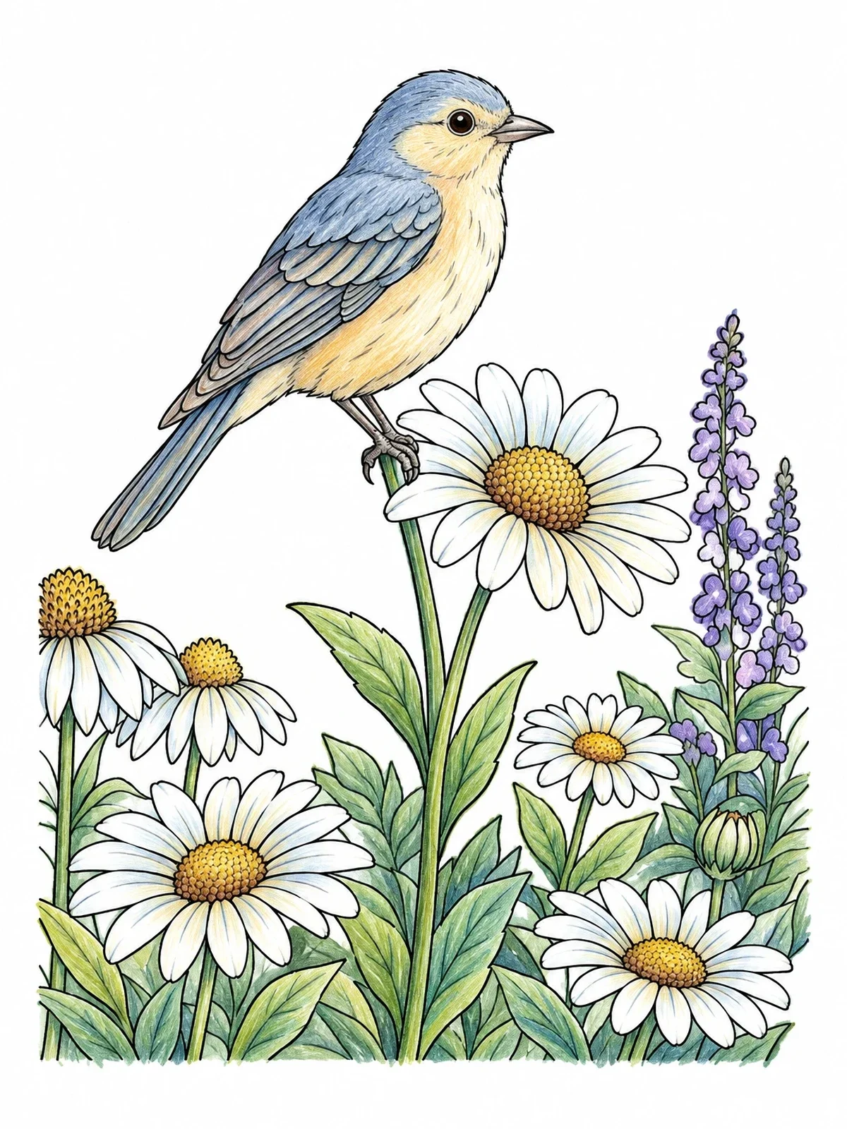Colored example of the Songbird Resting On Garden Daisy coloring page
