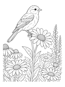 A detailed daisy flower coloring page featuring a perched songbird in a garden.