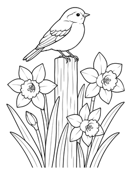 A sweet songbird on a wooden post in this daffodil flower coloring page.
