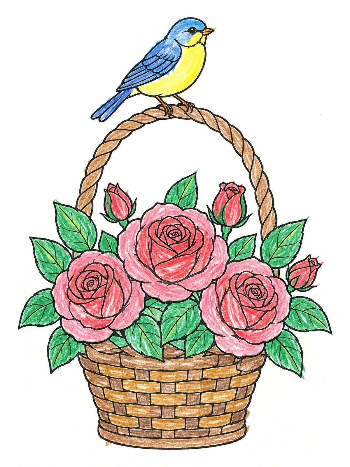 Colored example of the Songbird On Rose Flower Basket coloring page