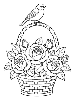 A sweet songbird sits on the braided handle in this flower basket coloring page full of roses.