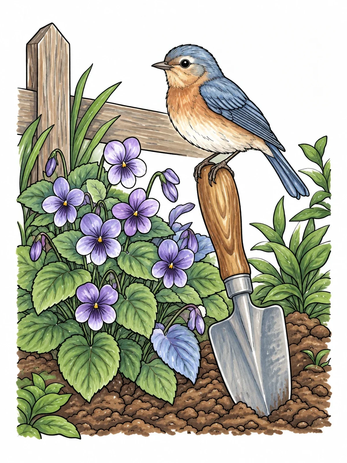 Colored example of the Songbird On Trowel Beside Violets coloring page
