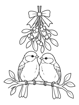 Two songbirds perched beneath mistletoe on this mistletoe coloring page.