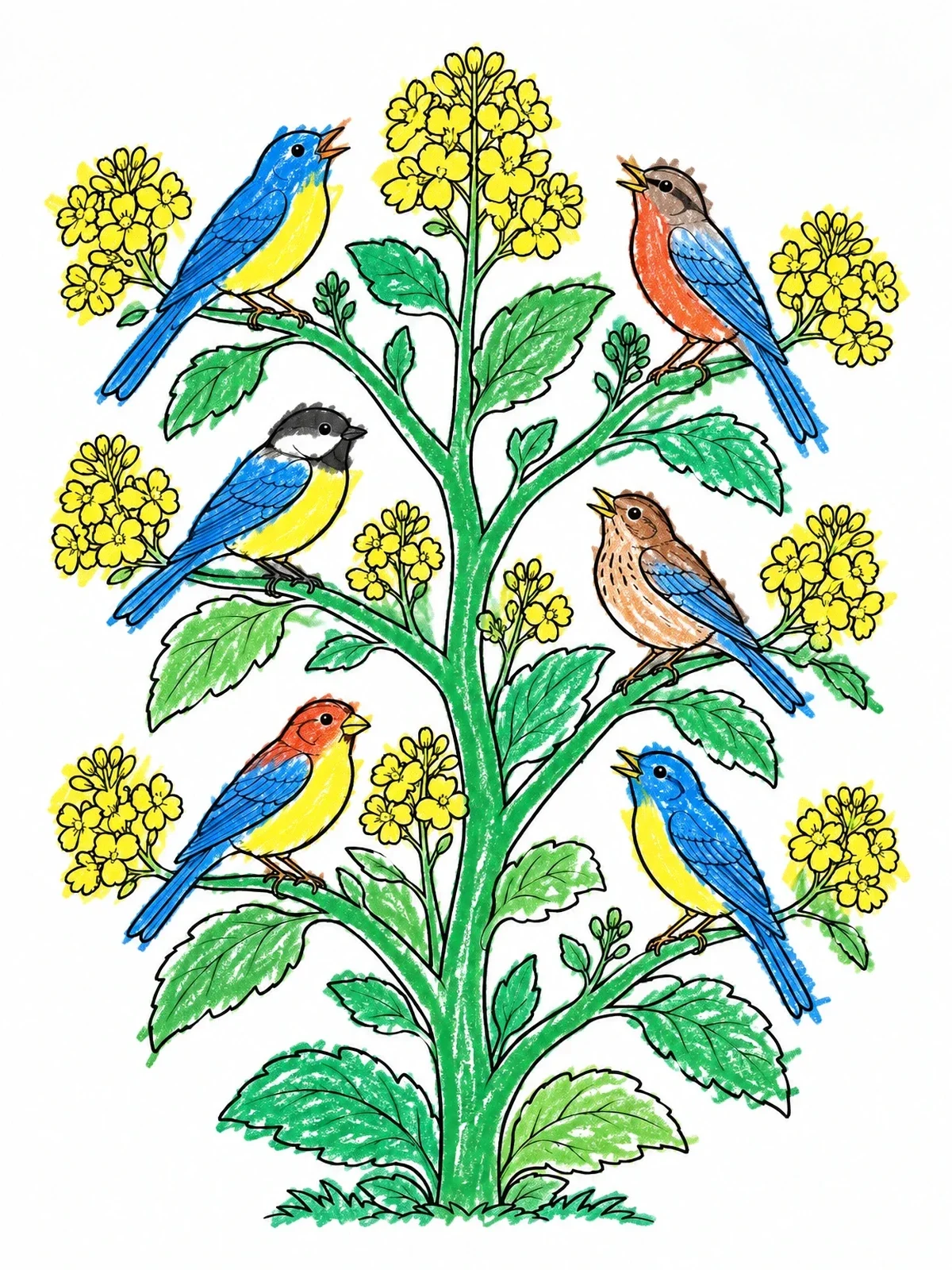 Colored example of the Songbirds In A Mustard Tree coloring page
