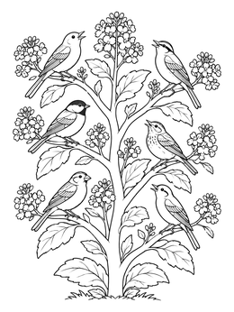 Six songbirds perch among blooming branches in this mustard seed coloring page.